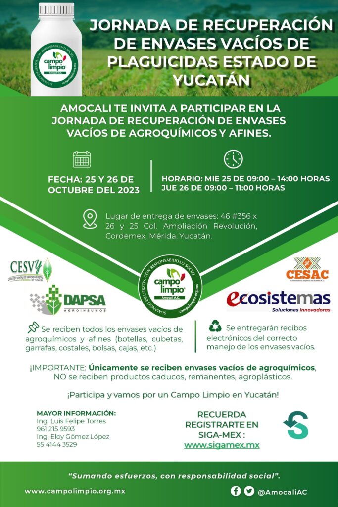 Te invitamos a participar en la Jornada de Recuperación de Envases Vacíos de Plaguicidas y Fitosanitarios de Yucatán